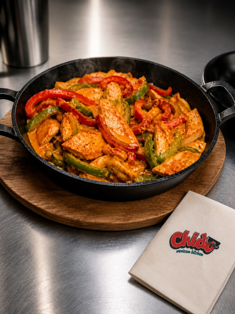 Sizzling steak and chicken fajitas skillet with peppers and onions at Chido Mexican Kitchen
