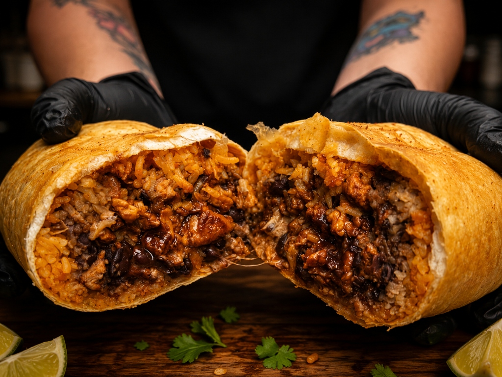Signature steak burrito cut in half displaying rice, beans, and melted cheese, served with fresh limes